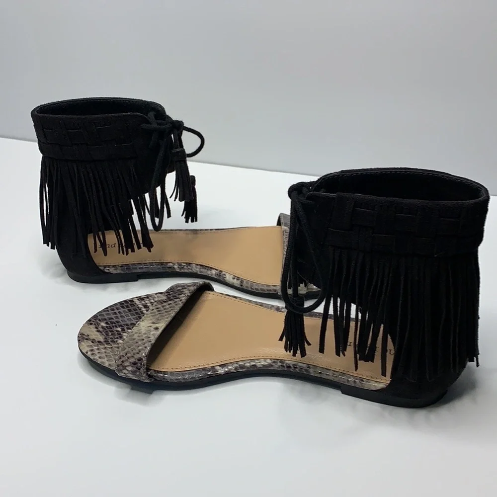 Indigo Black Fringe Sandals Size 8